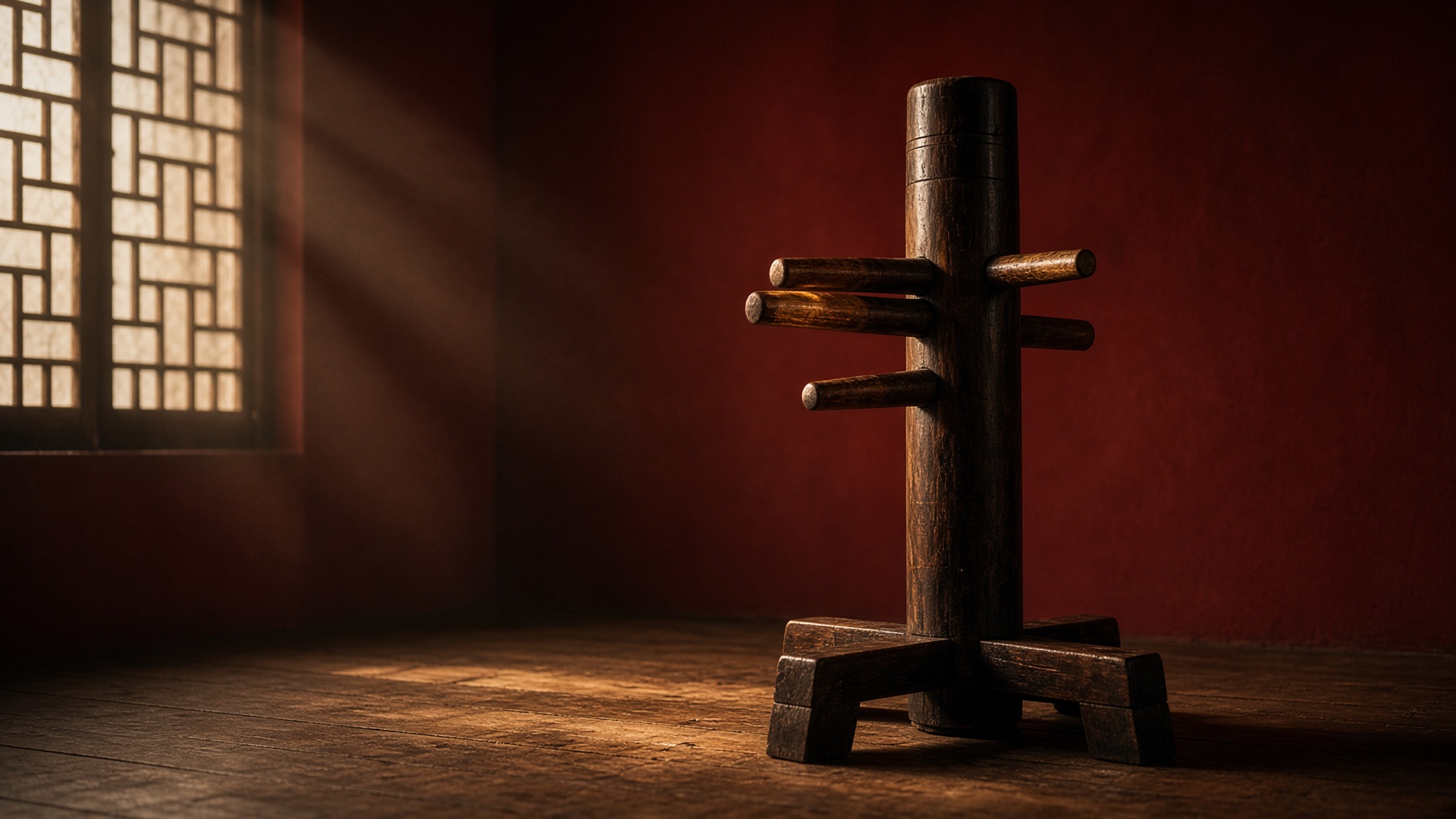 Holzpuppe in einem stillen Raum mit roter Wand und Gitterfenster