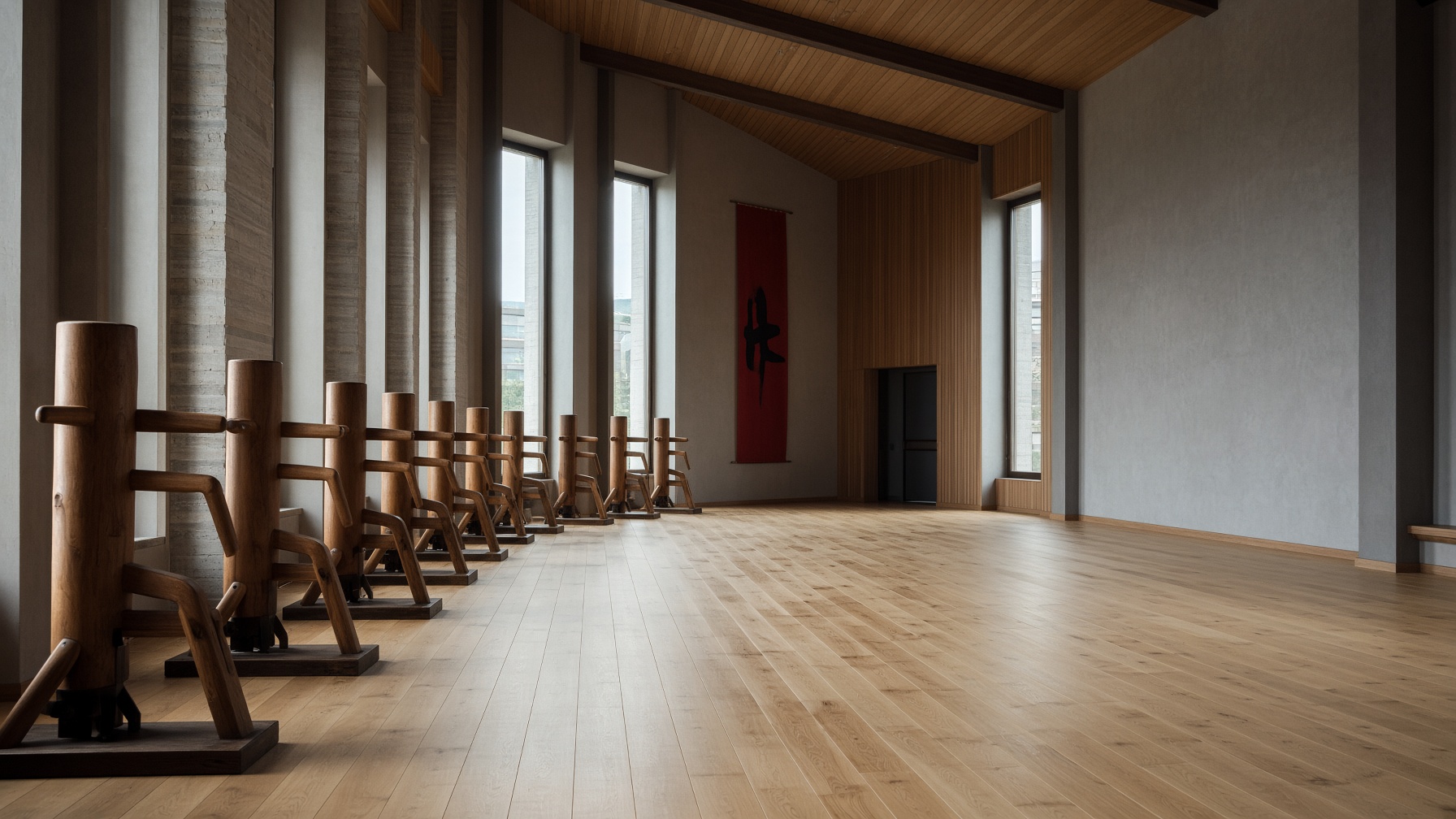 Heller Trainingsraum mit Holzboden und einer Reihe Holzpuppen